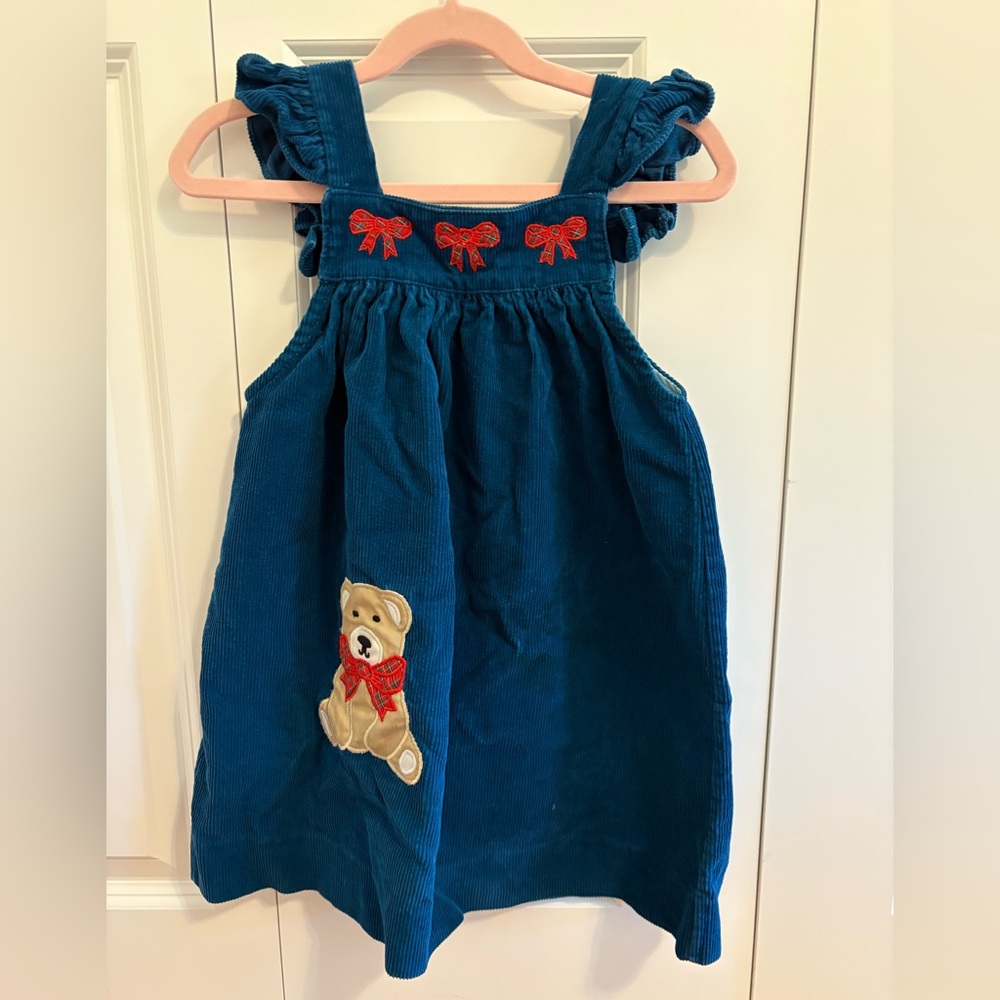 Cute Blue Corduroy Dress with Bear and Bow Details